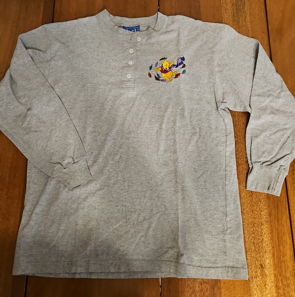 Disney Gray Long-Sleeve Henley with Colorful Winnie the Pooh Embroidery Top